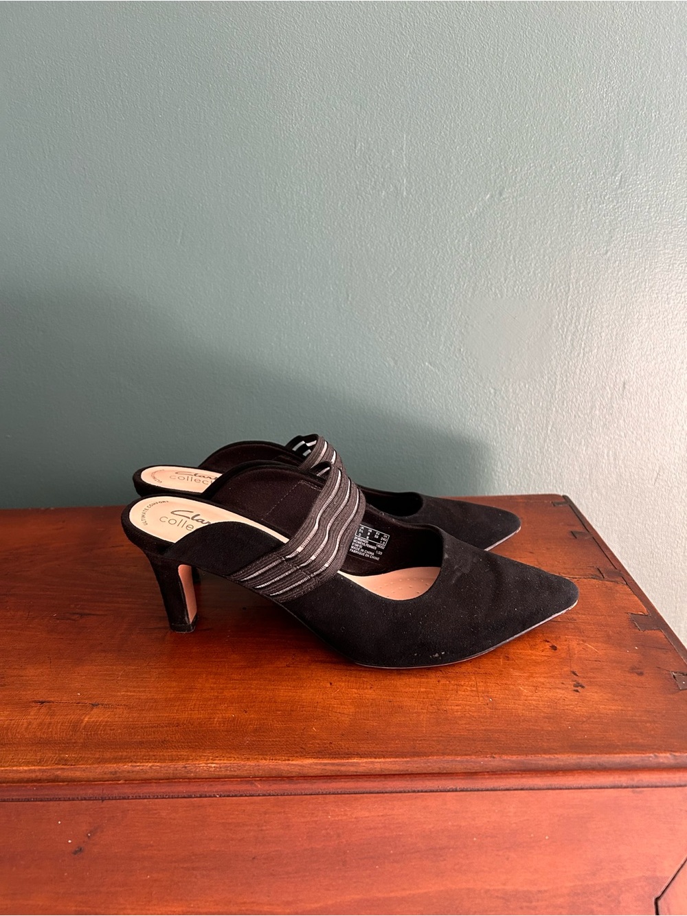 Clarks Black Pointed-Toe Slip-On Heels with Striped Strap